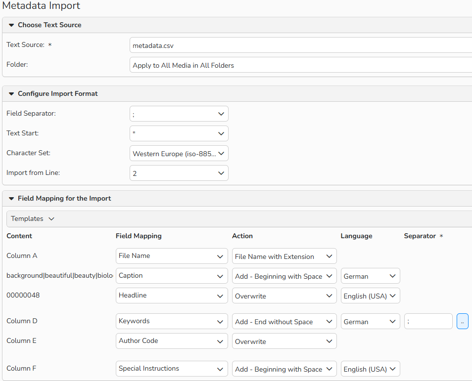 A screenshot of a Metadata Import window. It displays options to configure import format and field mapping for the import.
