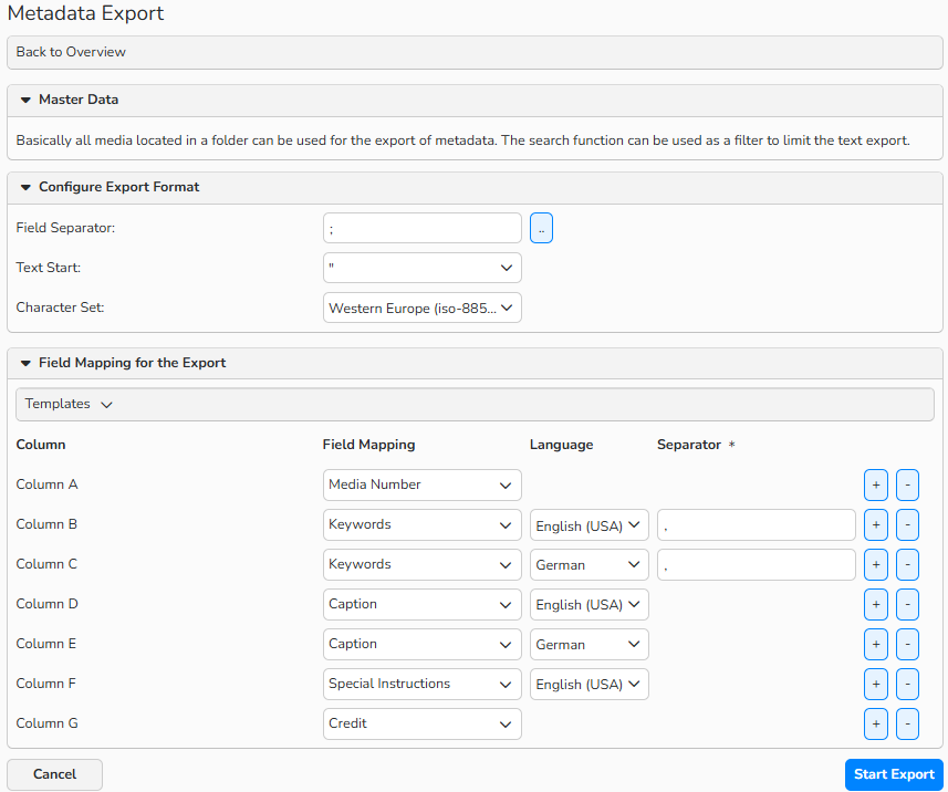 Screenshot of a Metadata Export window. It displays options to configure export format and field mapping for the export.