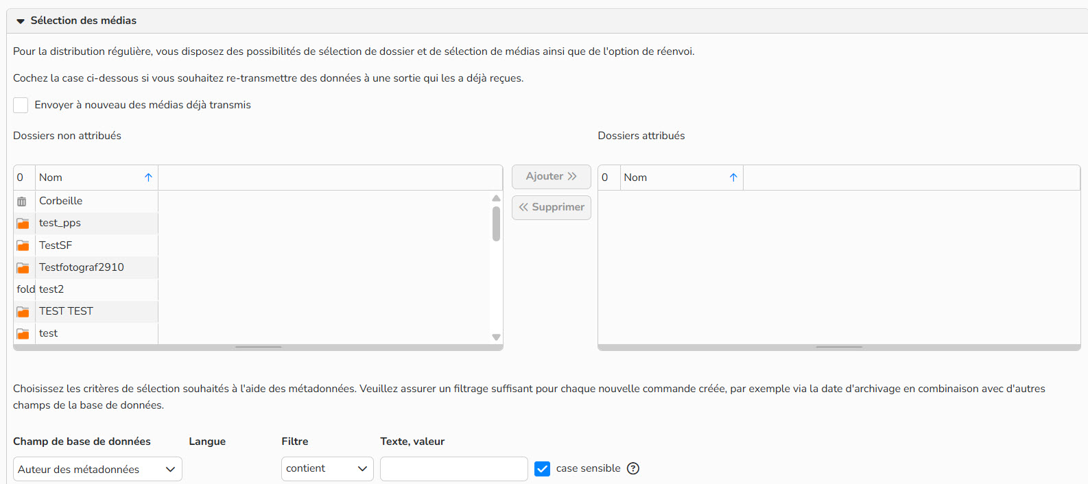 Capture d'écran mettant en évidence la sélection des médias à l'aide des métadonnées