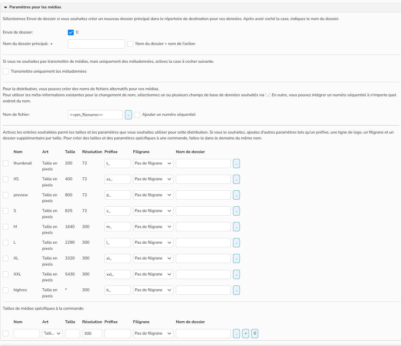 Capture d'écran montrant les paramètres des médias lors de la configuration d'une distribution