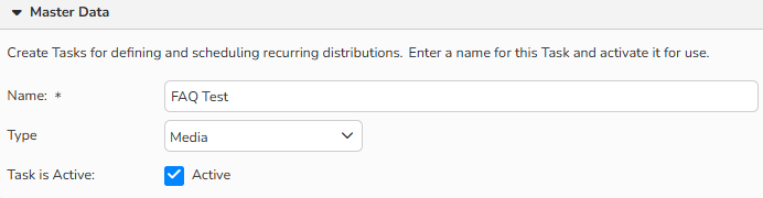 A screenshot of a New Task setup window showing the Master Data options to name and activate a task.