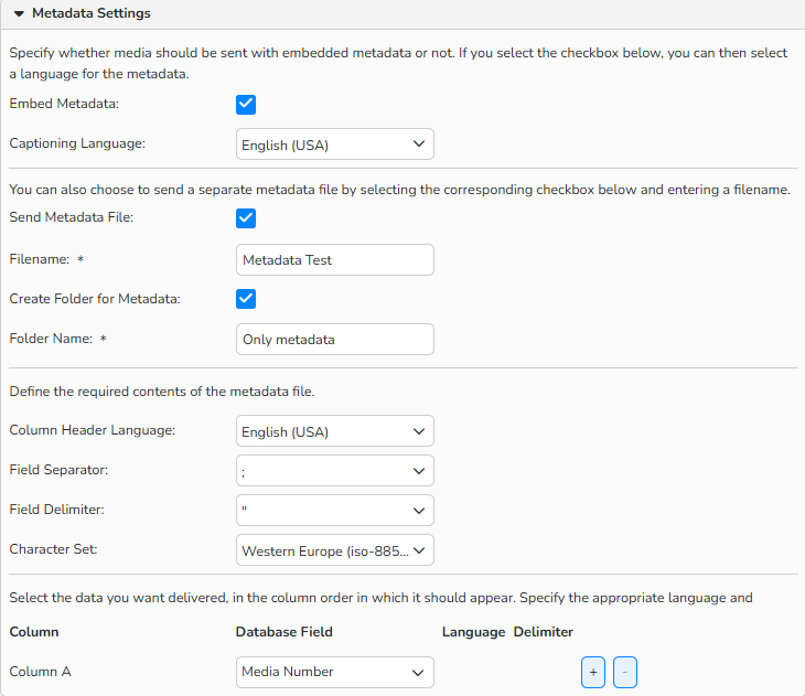 Screenshot of the New Distribution Task setup window showing metadata configuration options, including embedding metadata or sending it as a separate file, and customizing its contents.