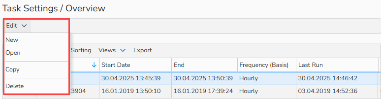 Screenshot of a distribution tasks overview. It displays a list of created distribution tasks and the Edit menu options to manage the distribution tasks.