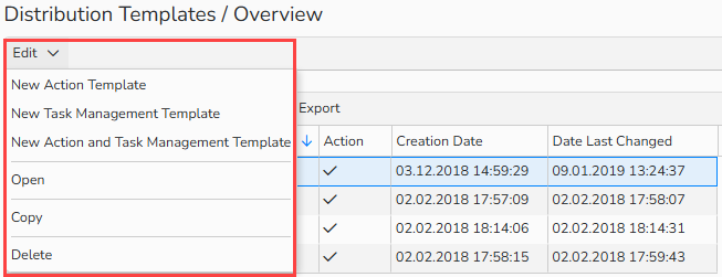 en_image_15 Screenshot of a distribution templates overview. It displays a list of created distribution templates and the Edit menu options to manage the distribution templates.