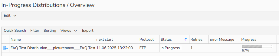Screenshot of an overview of in-progress distributions showing status details of an ongoing distribution process.