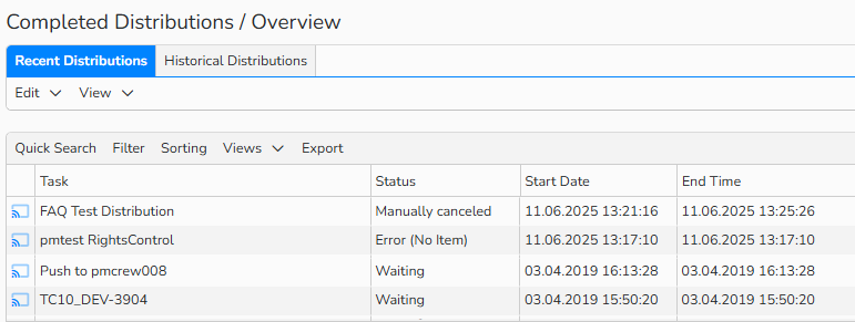Screenshot of an overview of completed distributions showing the Recent Distributions tab with a list of distribution runs and the status details.