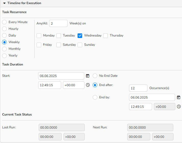 A screenshot of a New Distribution Task setup window showing the options to configure task recurrence and execution timeline.