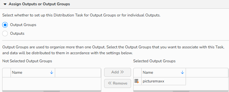 A screenshot of a New Distribution Task setup window showing the options to assign the distribution to selected outputs or output groups.