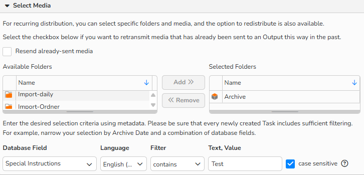 A screenshot of a New Distribution Task setup window showing the options to select media files for distribution. It displays options to redistribute media files, to select all media from specific folders, and to filter the media selection using metadata.