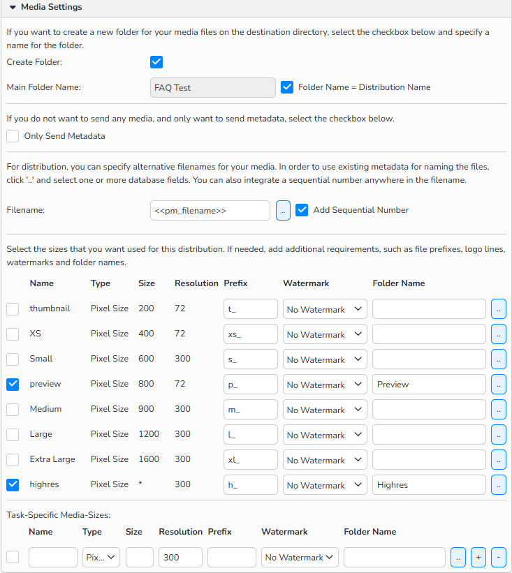 Screenshot of the New Distribution Task setup window with options to configure media settings, including creating a new destination folder, sending only metadata, assigning alternative filenames, selecting media sizes, and adding watermarks.