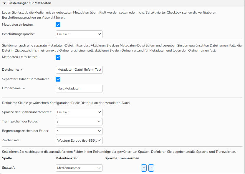 Screenshot der Einrichtung der neuen Distribution mit Optionen zur Konfiguration von Metadaten, darunter das Einbetten von Metadaten oder das Senden als separate Datei sowie das Anpassen ihres Inhalts.