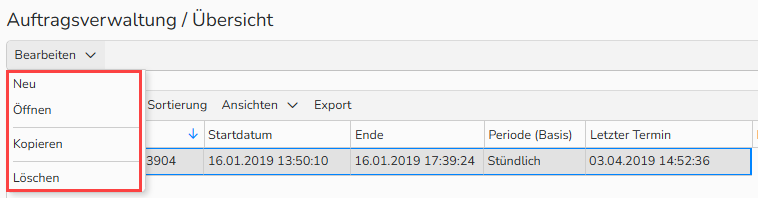 Screenshot einer Übersicht über die Auftragsverwaltung der automatischen Distributionen. Er zeigt eine Liste der erstellten Distributionen und die Menüoptionen zum Bearbeiten der Aufträge an.
