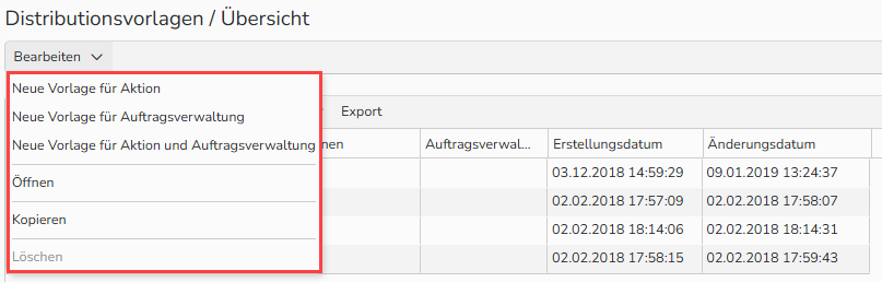 Screenshot einer Übersicht über Distributionsvorlagen. Er zeigt eine Liste der erstellten Distributionsvorlagen und die Optionen des Menüs „Bearbeiten“ zum Verwalten der Distributionsvorlagen an.