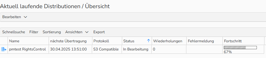 Screenshot einer Übersicht über laufende Distributionen mit Statusdetails zu einem laufenden Distributionsprozess.