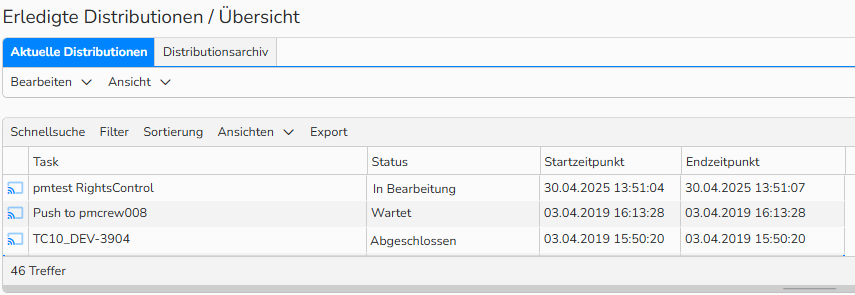 Screenshot einer Übersicht über abgeschlossene Distributionen, der die Registerkarte „Aktuelle Distributionen“ mit einer Liste der Distributionensläufe und die Statusdetails zeigt.