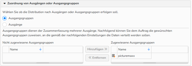 Screenshot des Einstellungsfensters für eine neue Distribution, in dem die Optionen zum Zuweisen der Distribution zu ausgewählten Ausgängen oder Ausgangsgruppen angezeigt werden.