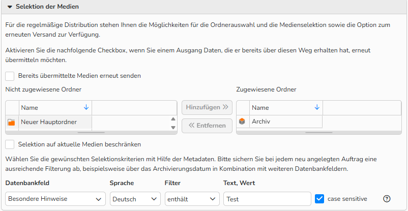 Ein Screenshot des Einrichtungsfensters für eine neue Distribution, in dem die Optionen zur Auswahl von Mediendateien für die Verteilung angezeigt werden. Es werden Optionen zum erneuten Verteilen von Mediendateien, zum Auswählen aller Medien aus bestimmten Ordnern und zum Filtern der Medienauswahl anhand von Metadaten angezeigt.