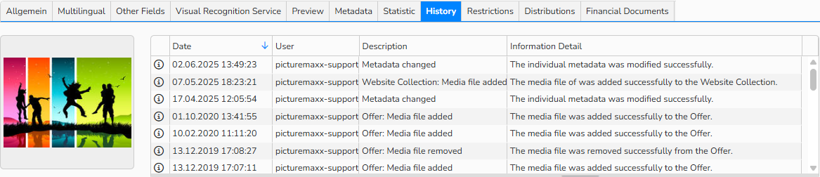 A screenshot of metadata and information tabs on a Edit Media window. The History tab is open and displays the actions performed on a media file along with the history details.