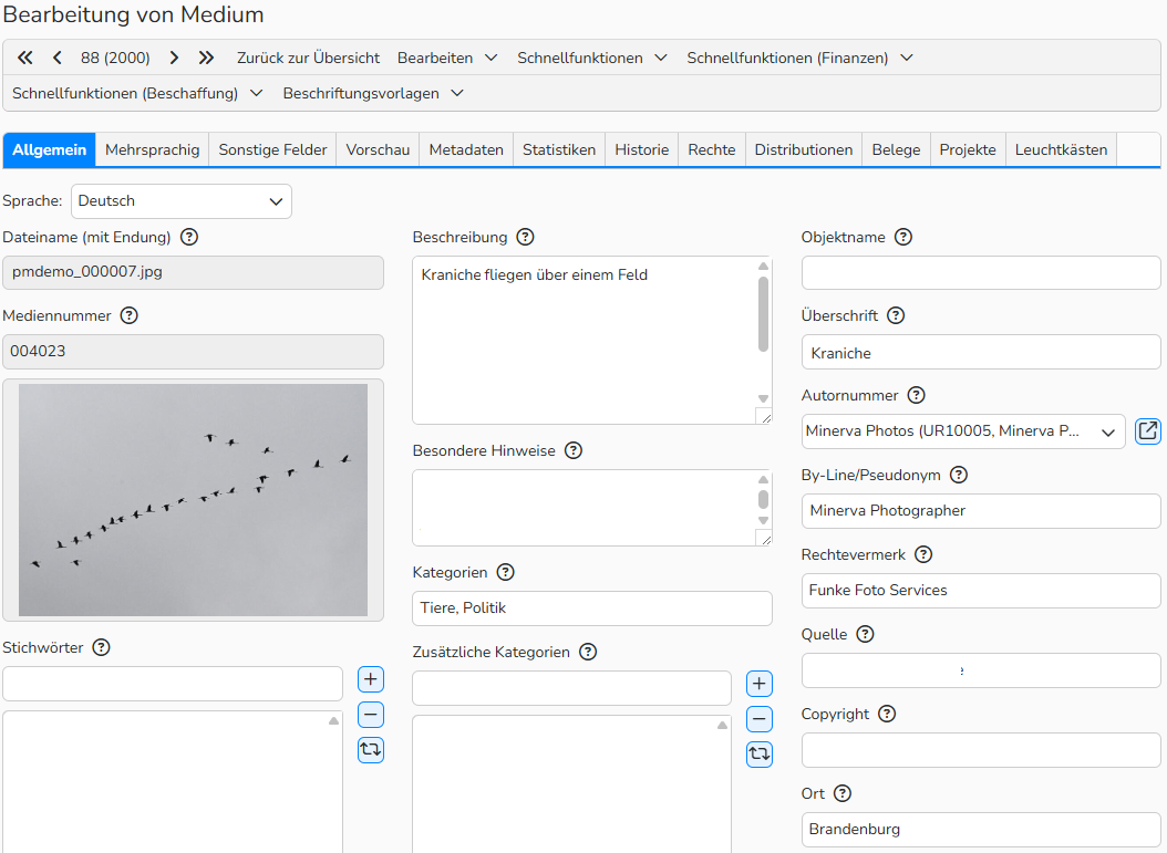 Ein Screenshot des Fensters „Bearbeitung von Medium“ mit Feldern zur Metadatenbeschriftung, einem oberen Menü und Registerkarten zur Unterstützung der Medienbearbeitung.