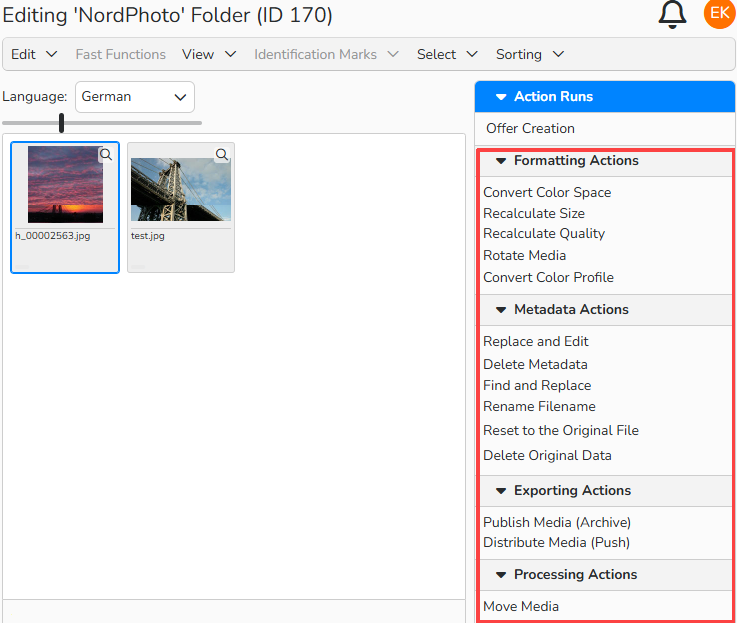 Screenshot of the Import Folder window showing the Actions menu, which lists multiple actions for managing the media files of the selected folder.