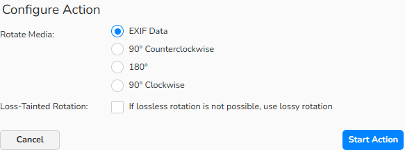 A screenshot of the Configure Action dialog with interface options to rotate selected images.