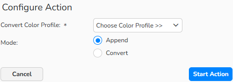A screenshot of the Configure Action dialog with interface options to convert the color profiles of selected media files.