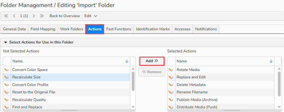 Screenshot of the Folder Settings interface showing the Actions tab, where options to add and configure actions for the selected folder are displayed.