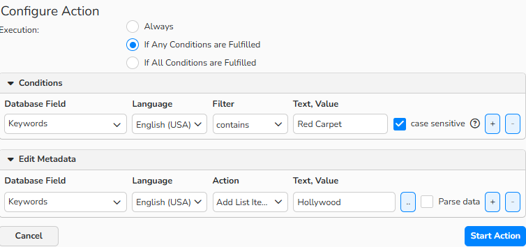 A screenshot of the Configure Action dialog with interface options to replace metadata in specific database fields of selected media files.