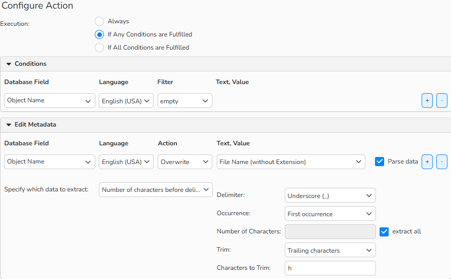 A screenshot of the Configure Action dialog with interface options to replace metadata in specific database fields of selected media files. The Parse data option is enabled.