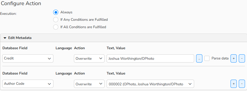 A screenshot of the Replace and Edit setup dialog showing how to overwrite metadata in specific database fields of selected media files.