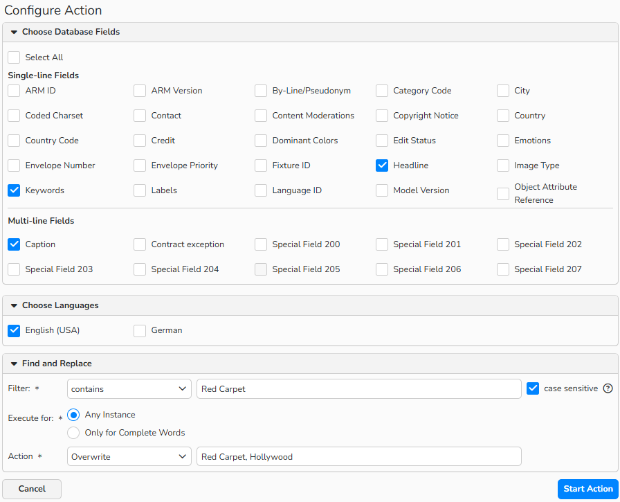 A screenshot of the Find and Replace setup dialog showing how to find and replace a word in specified fields of selected files.