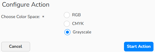 A screenshot of the Configure Action dialog showing interface options to set up the Convert Color Space action.