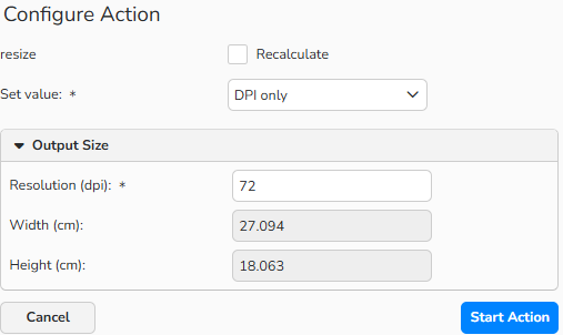 A screenshot of the Configure Action dialog with interface options to adjust the output size of media files.