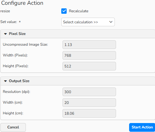 A screenshot of the Configure Action dialog with interface options to resize a single image. The Recalculate option is activated.