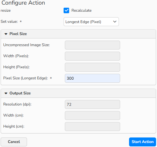 A screenshot of the Configure Action dialog with interface options to resize multiple images. The Recalculate option is activated.