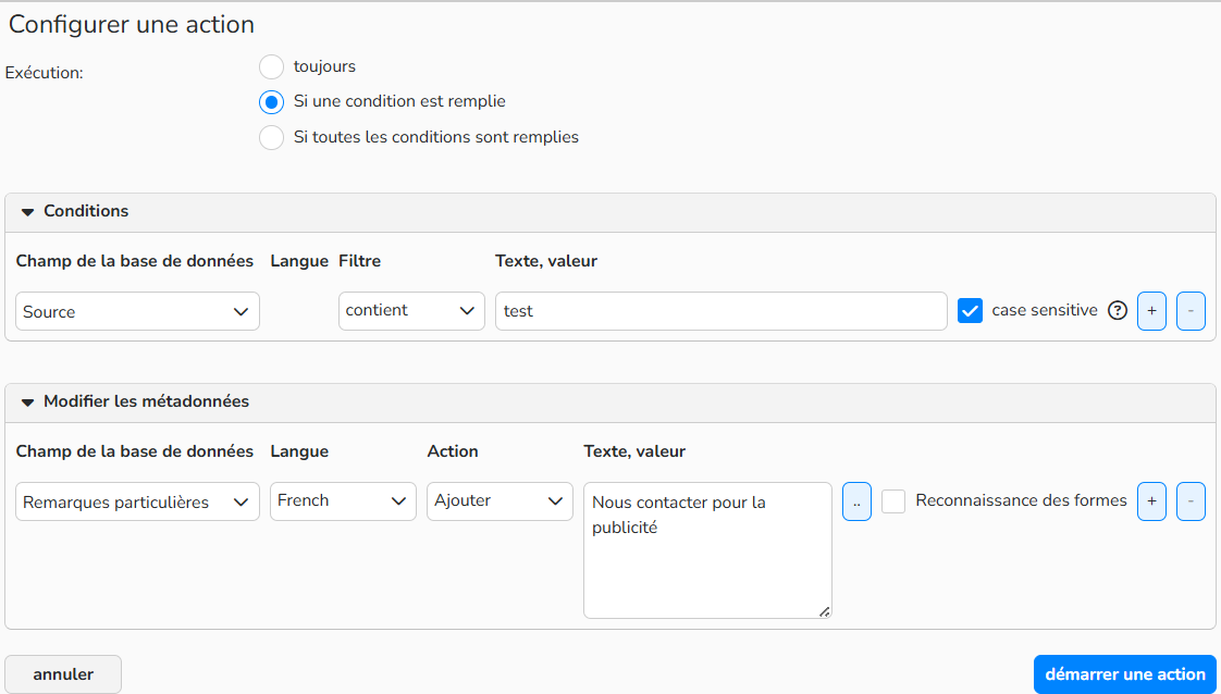 Capture d'écran montrant comment configurer une action pour ajouter des remarques particulières