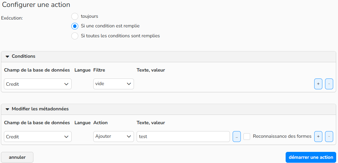 Capture d'écran montrant comment configurer une action pour ajouter un crédit à des images