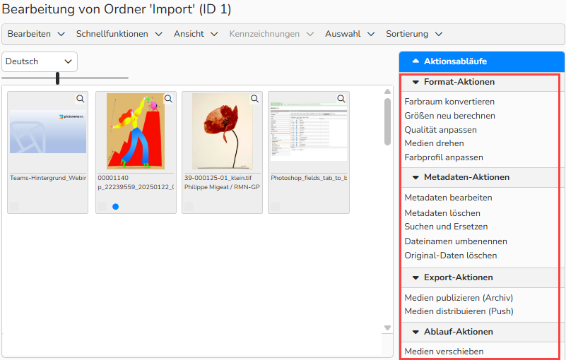 Screenshot des Fensters „Bearbeiten von Ordner Import“ mit dem Menü „Aktionsabläufe“, in dem mehrere Aktionen zum Verwalten der Mediendateien des ausgewählten Ordners aufgelistet sind.