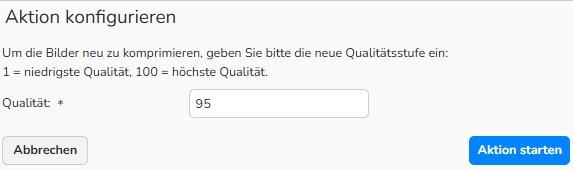 Screenshot des Dialogfelds „Aktion konfigurieren“ mit Optionen zum Anpassen der Qualität ausgewählter Bilder.