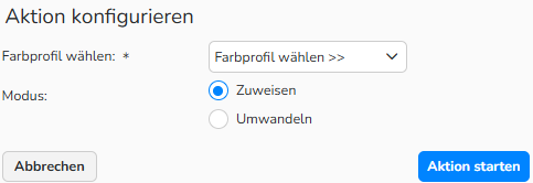 Ein Screenshot des Dialogfelds „Aktion konfigurieren“ mit Optionen zum Konvertieren der Farbprofile ausgewählter Mediendateien.