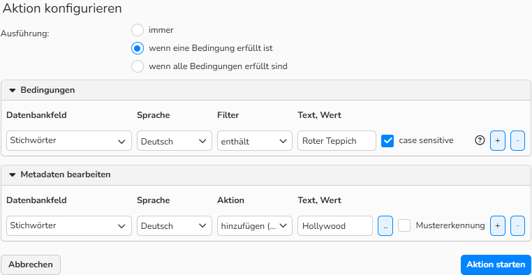 Screenshot des Dialogfelds „Aktion konfigurieren“ mit Optionen zum Ersetzen von Metadaten in bestimmten Datenbankfeldern ausgewählter Mediendateien.