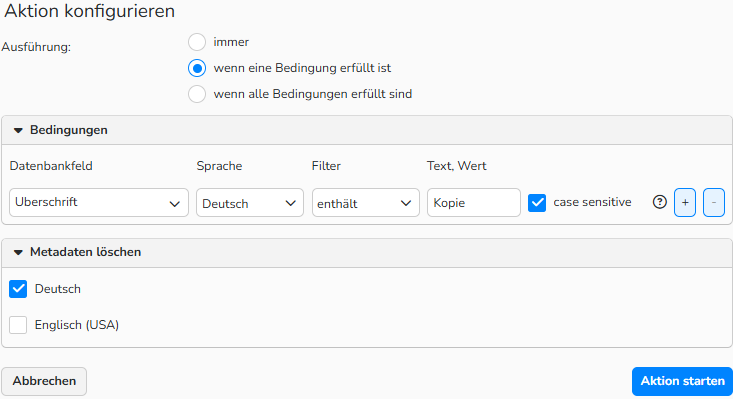 Screenshot des Dialogfelds „Aktion konfigurieren“ mit dem Dialogfeld „Metadaten löschen“, das zeigt, wie Metadaten aus ausgewählten Mediendateien gelöscht werden können.