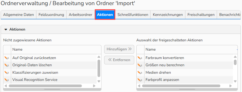 Screenshot der Benutzeroberfläche „Ordnereinstellungen“ mit der Registerkarte „Aktionen“, auf der Optionen zum Hinzufügen und Konfigurieren von Aktionen für den ausgewählten Ordner angezeigt werden.