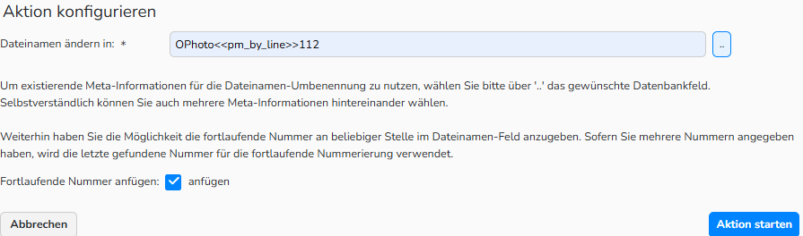 Screenshot des Dialogfelds „Dateinamen ändern in“, das zeigt, wie ausgewählte Dateien umbenannt werden können. Die Option „Fortlaufende Nummer anfügen“ ist aktiviert.