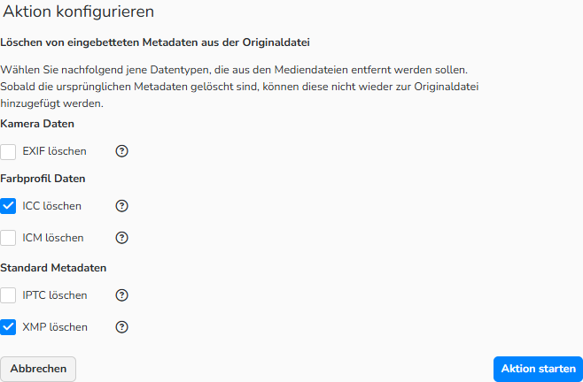 Screenshot des Fensters „Aktion konfigurieren