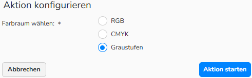 Ein Screenshot des Dialogfelds „Aktion konfigurieren“ mit den verschiedenen Optionen zum Einrichten der Aktion „Farbraum konvertieren“.