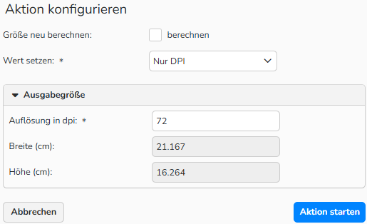 Ein Screenshot des Dialogfelds „Aktion konfigurieren“ mit Optionen zum Ändern der Größe eines einzelnen Bildes. Die Option „Ausgabegröße ändern“ ist mit neuen Werten befüllt.