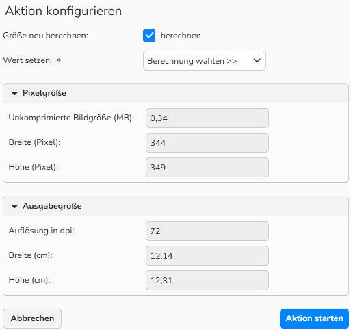 Ein Screenshot des Dialogfelds „Aktion konfigurieren“ mit Optionen zum Ändern der Größe eines Bildes. Die Option „Neu berechnen“ ist aktiviert.