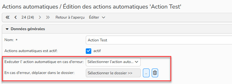 Capture d'écran montrant comment configurer l'action automatique en cas d'erreur