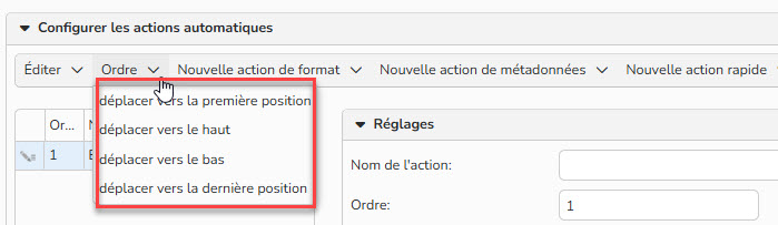 Capture d'écran mettant en évidence les options du menu Ordre